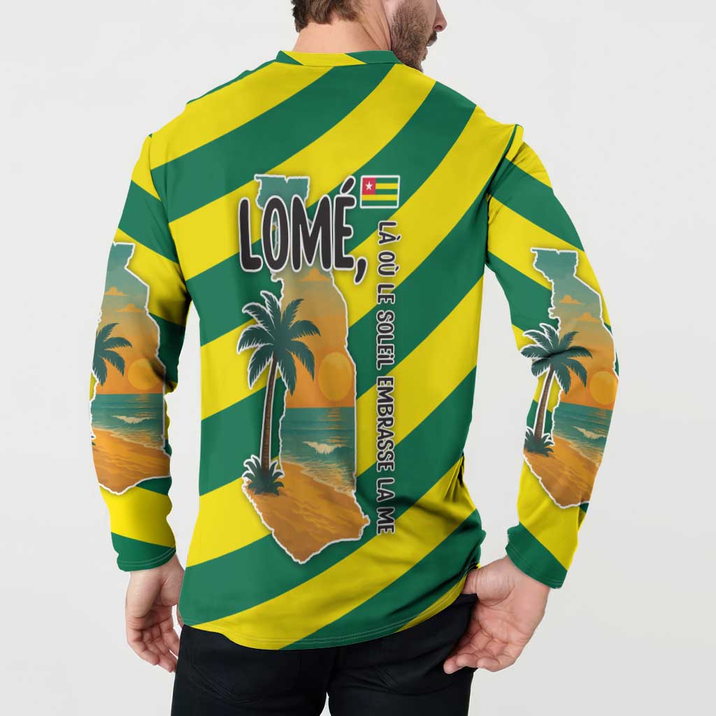Lome Togo Sunset Button Sweatshirt with Palm Trees and Ocean Embrace Design