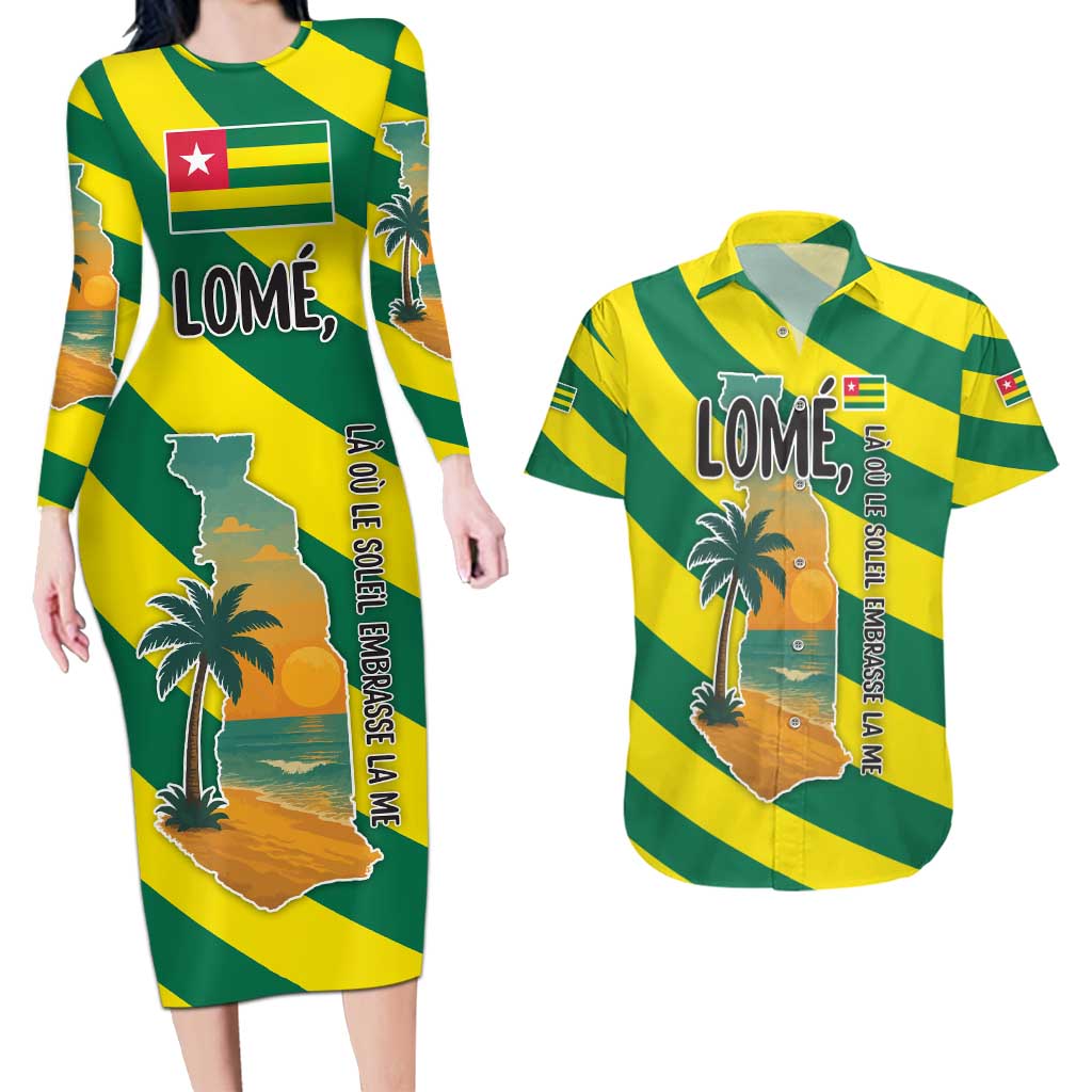 Lome Togo Sunset Couples Matching Long Sleeve Bodycon Dress and Hawaiian Shirt with Palm Trees and Ocean Embrace Design