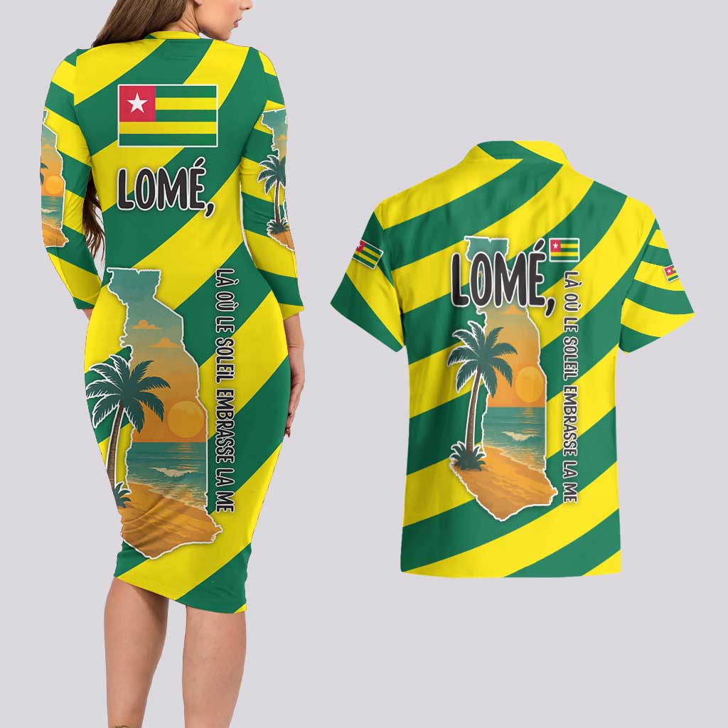 Lome Togo Sunset Couples Matching Long Sleeve Bodycon Dress and Hawaiian Shirt with Palm Trees and Ocean Embrace Design