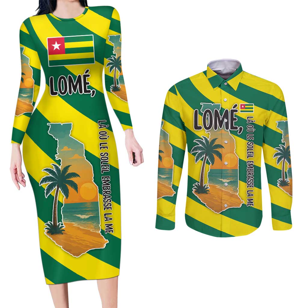 Lome Togo Sunset Couples Matching Long Sleeve Bodycon Dress and Long Sleeve Button Shirt with Palm Trees and Ocean Embrace Design