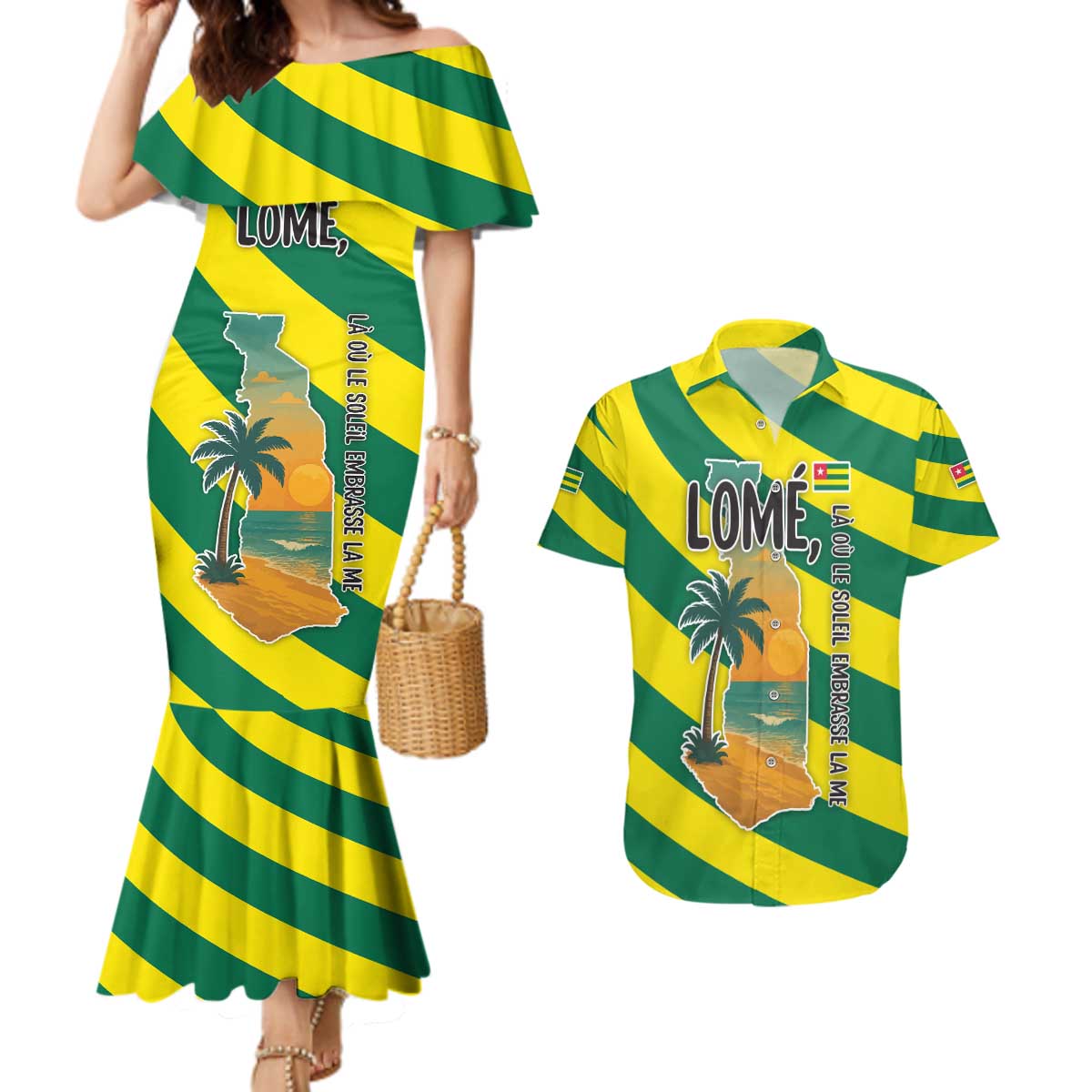 Lome Togo Sunset Couples Matching Mermaid Dress and Hawaiian Shirt with Palm Trees and Ocean Embrace Design