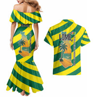 Lome Togo Sunset Couples Matching Mermaid Dress and Hawaiian Shirt with Palm Trees and Ocean Embrace Design