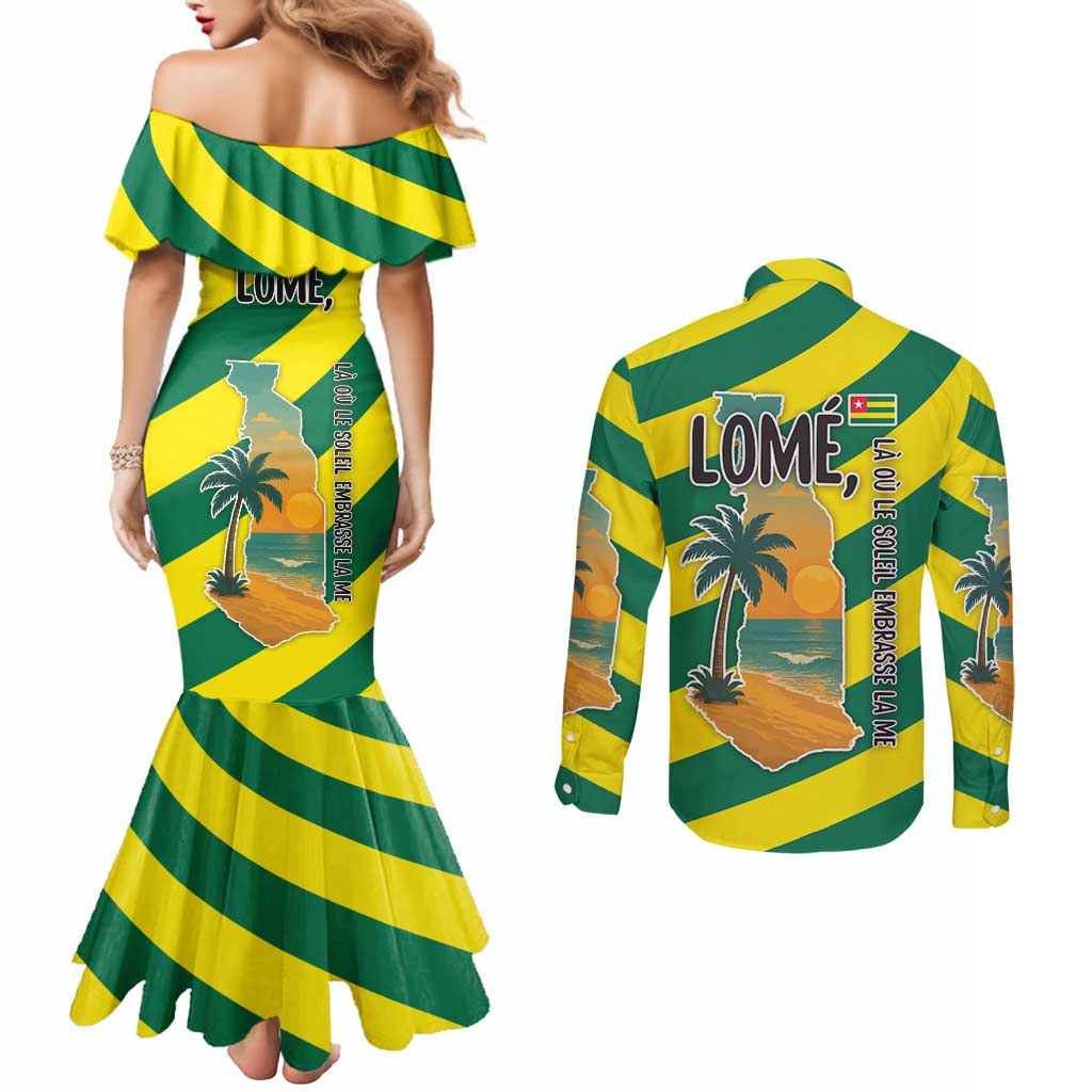 Lome Togo Sunset Couples Matching Mermaid Dress and Long Sleeve Button Shirt with Palm Trees and Ocean Embrace Design