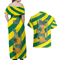 Lome Togo Sunset Couples Matching Off Shoulder Maxi Dress and Hawaiian Shirt with Palm Trees and Ocean Embrace Design