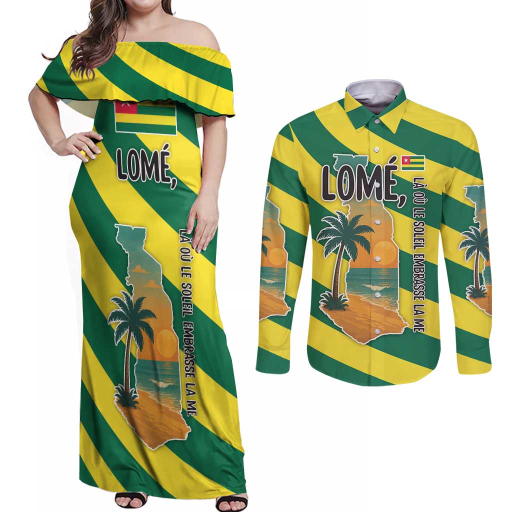 Lome Togo Sunset Couples Matching Off Shoulder Maxi Dress and Long Sleeve Button Shirt with Palm Trees and Ocean Embrace Design