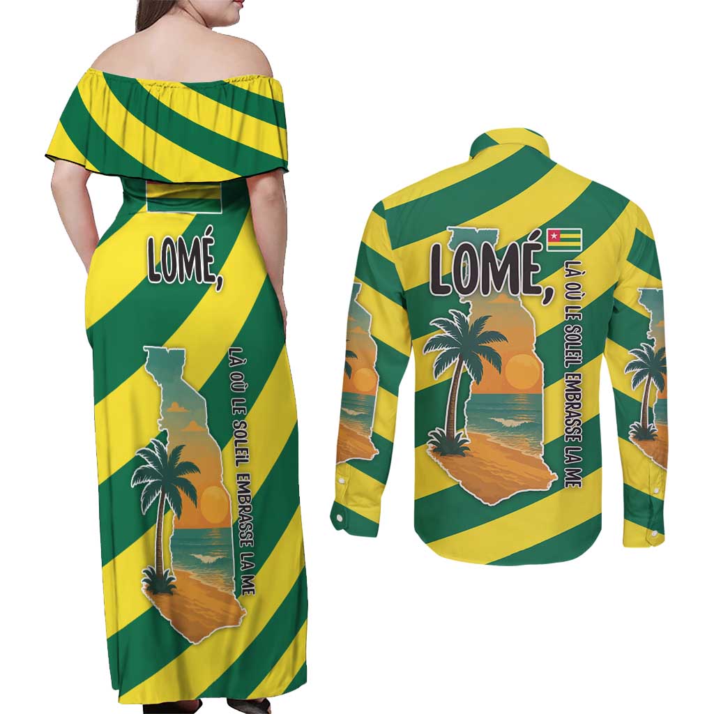 Lome Togo Sunset Couples Matching Off Shoulder Maxi Dress and Long Sleeve Button Shirt with Palm Trees and Ocean Embrace Design