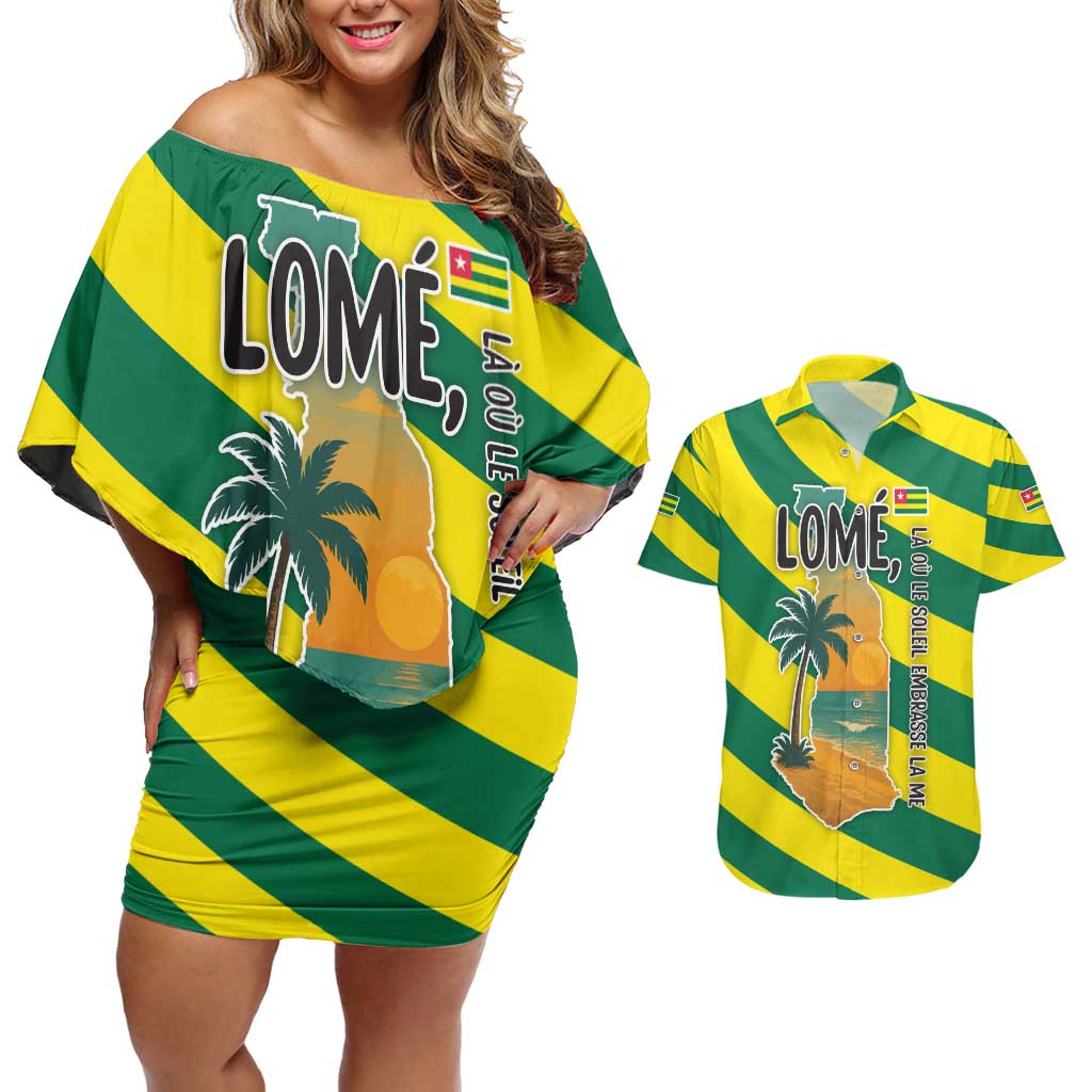 Lome Togo Sunset Couples Matching Off Shoulder Short Dress and Hawaiian Shirt with Palm Trees and Ocean Embrace Design