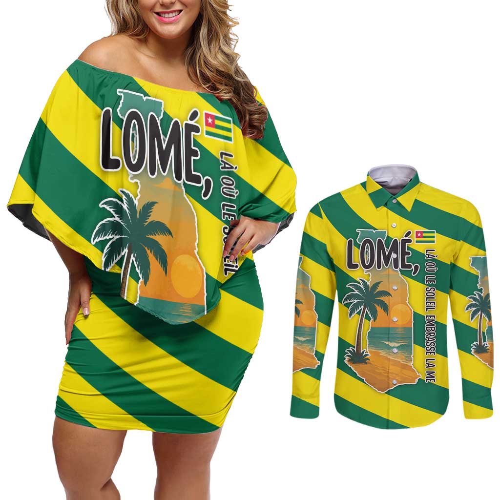 Lome Togo Sunset Couples Matching Off Shoulder Short Dress and Long Sleeve Button Shirt with Palm Trees and Ocean Embrace Design