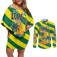 Lome Togo Sunset Couples Matching Off Shoulder Short Dress and Long Sleeve Button Shirt with Palm Trees and Ocean Embrace Design