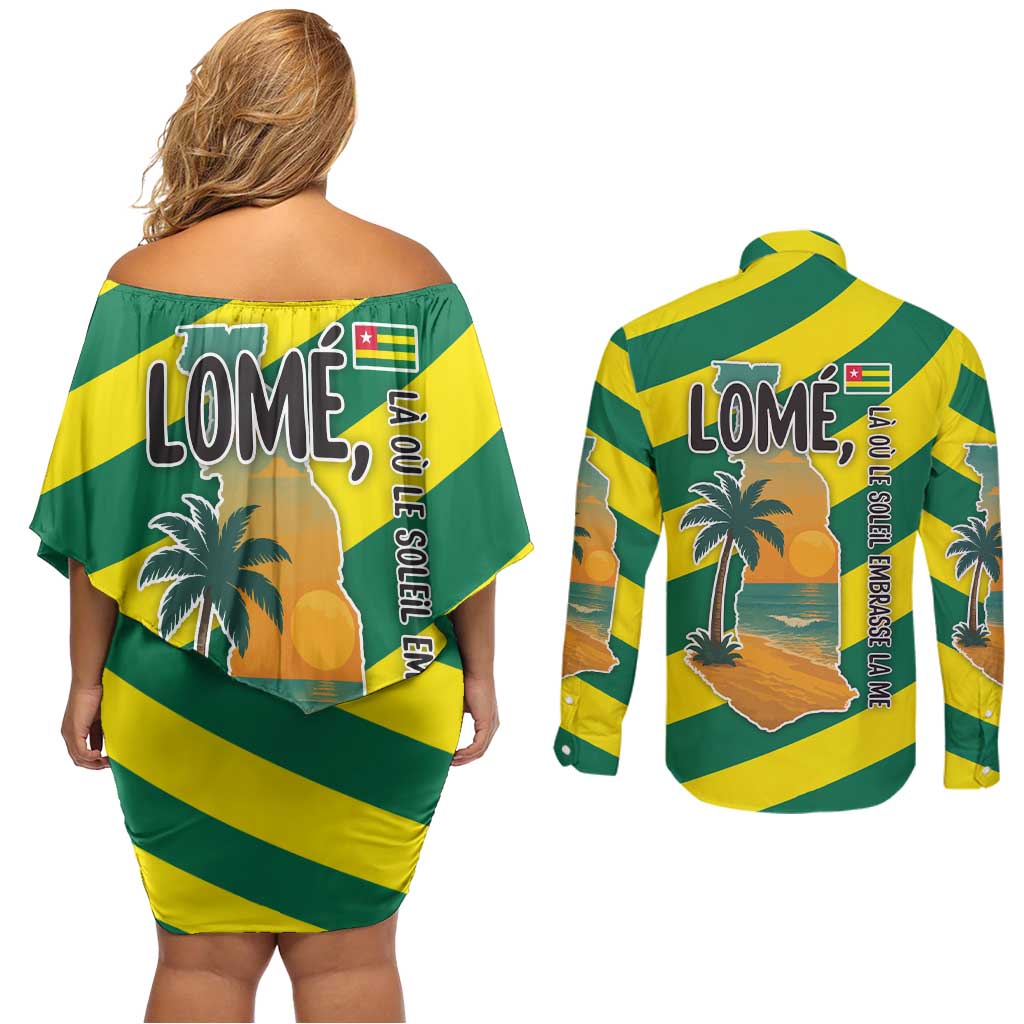 Lome Togo Sunset Couples Matching Off Shoulder Short Dress and Long Sleeve Button Shirt with Palm Trees and Ocean Embrace Design