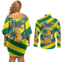 Lome Togo Sunset Couples Matching Off Shoulder Short Dress and Long Sleeve Button Shirt with Palm Trees and Ocean Embrace Design