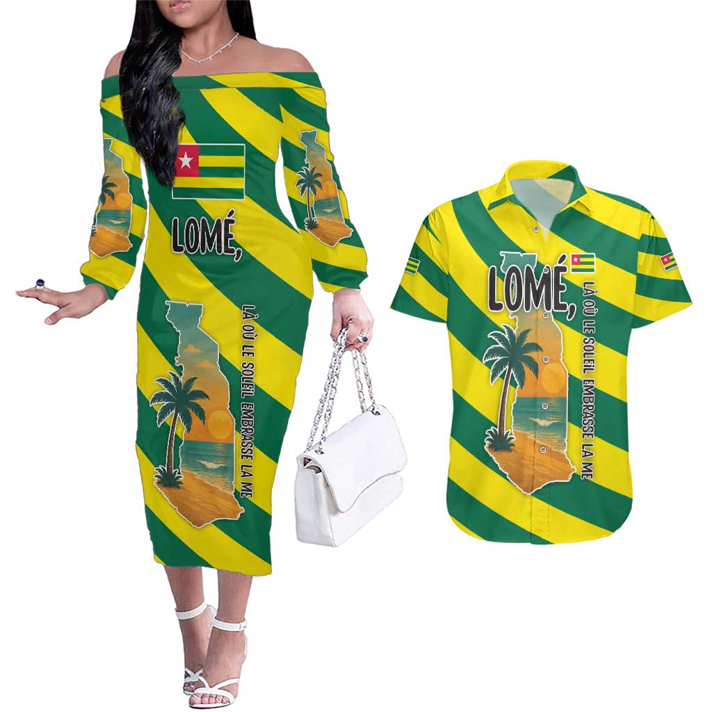 Lome Togo Sunset Couples Matching Off The Shoulder Long Sleeve Dress and Hawaiian Shirt with Palm Trees and Ocean Embrace Design
