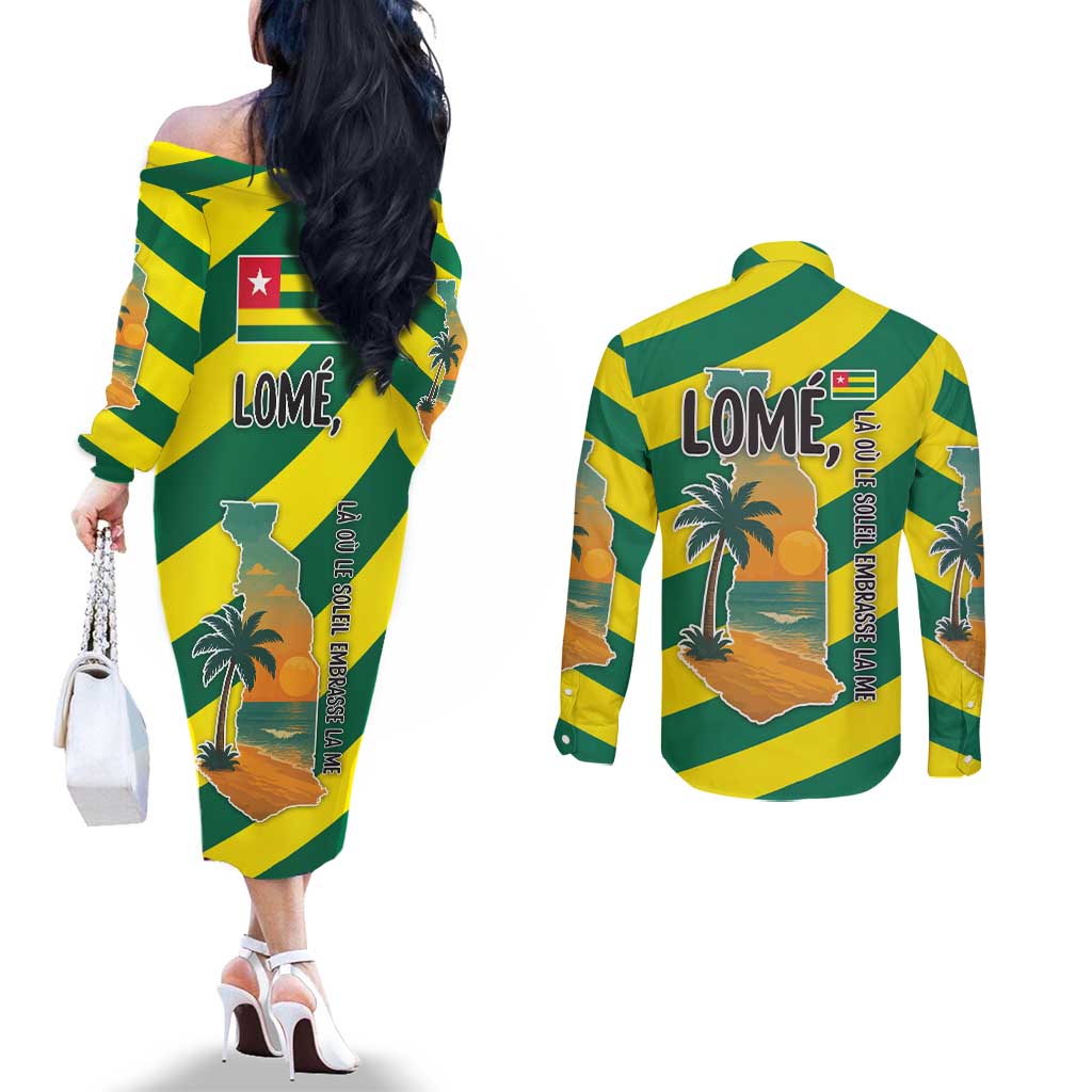 Lome Togo Sunset Couples Matching Off The Shoulder Long Sleeve Dress and Long Sleeve Button Shirt with Palm Trees and Ocean Embrace Design