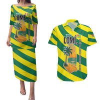 Lome Togo Sunset Couples Matching Puletasi and Hawaiian Shirt with Palm Trees and Ocean Embrace Design
