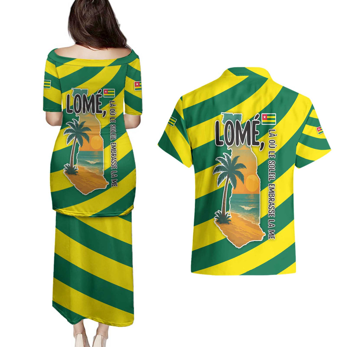 Lome Togo Sunset Couples Matching Puletasi and Hawaiian Shirt with Palm Trees and Ocean Embrace Design