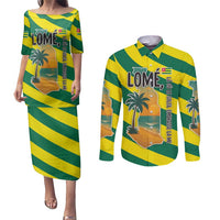 Lome Togo Sunset Couples Matching Puletasi and Long Sleeve Button Shirt with Palm Trees and Ocean Embrace Design
