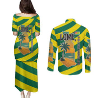 Lome Togo Sunset Couples Matching Puletasi and Long Sleeve Button Shirt with Palm Trees and Ocean Embrace Design