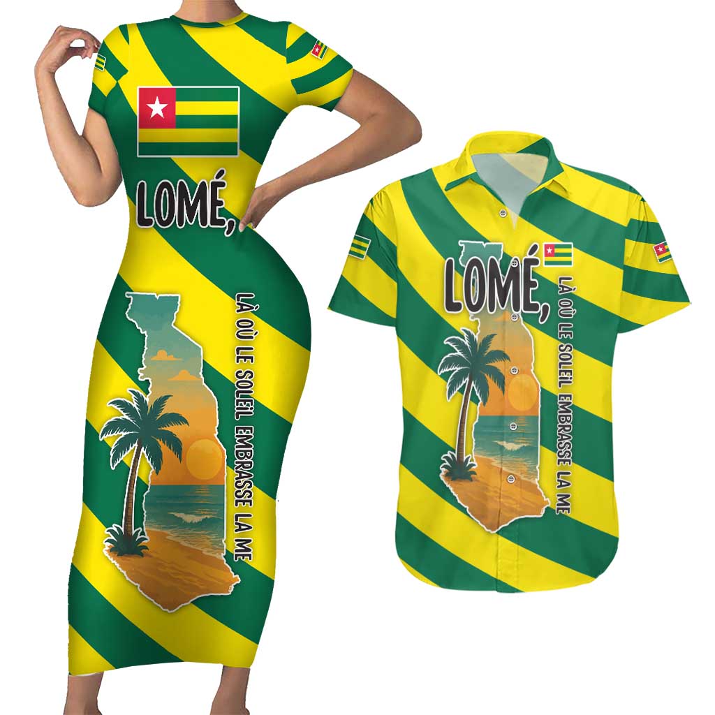 Lome Togo Sunset Couples Matching Short Sleeve Bodycon Dress and Hawaiian Shirt with Palm Trees and Ocean Embrace Design