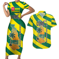 Lome Togo Sunset Couples Matching Short Sleeve Bodycon Dress and Hawaiian Shirt with Palm Trees and Ocean Embrace Design