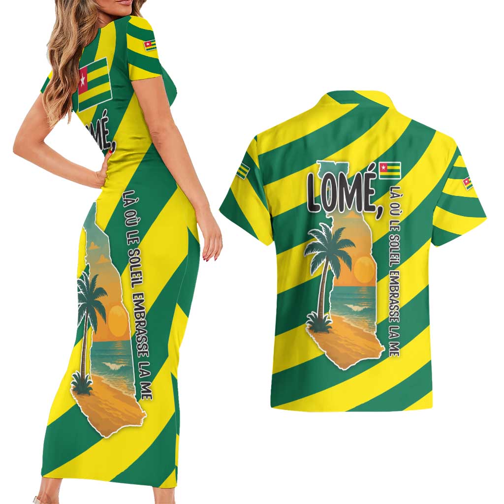 Lome Togo Sunset Couples Matching Short Sleeve Bodycon Dress and Hawaiian Shirt with Palm Trees and Ocean Embrace Design