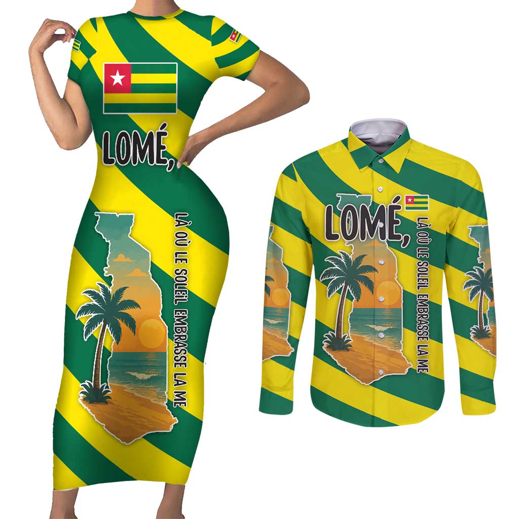 Lome Togo Sunset Couples Matching Short Sleeve Bodycon Dress and Long Sleeve Button Shirt with Palm Trees and Ocean Embrace Design