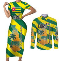 Lome Togo Sunset Couples Matching Short Sleeve Bodycon Dress and Long Sleeve Button Shirt with Palm Trees and Ocean Embrace Design