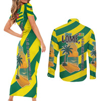 Lome Togo Sunset Couples Matching Short Sleeve Bodycon Dress and Long Sleeve Button Shirt with Palm Trees and Ocean Embrace Design