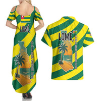 Lome Togo Sunset Couples Matching Summer Maxi Dress and Hawaiian Shirt with Palm Trees and Ocean Embrace Design