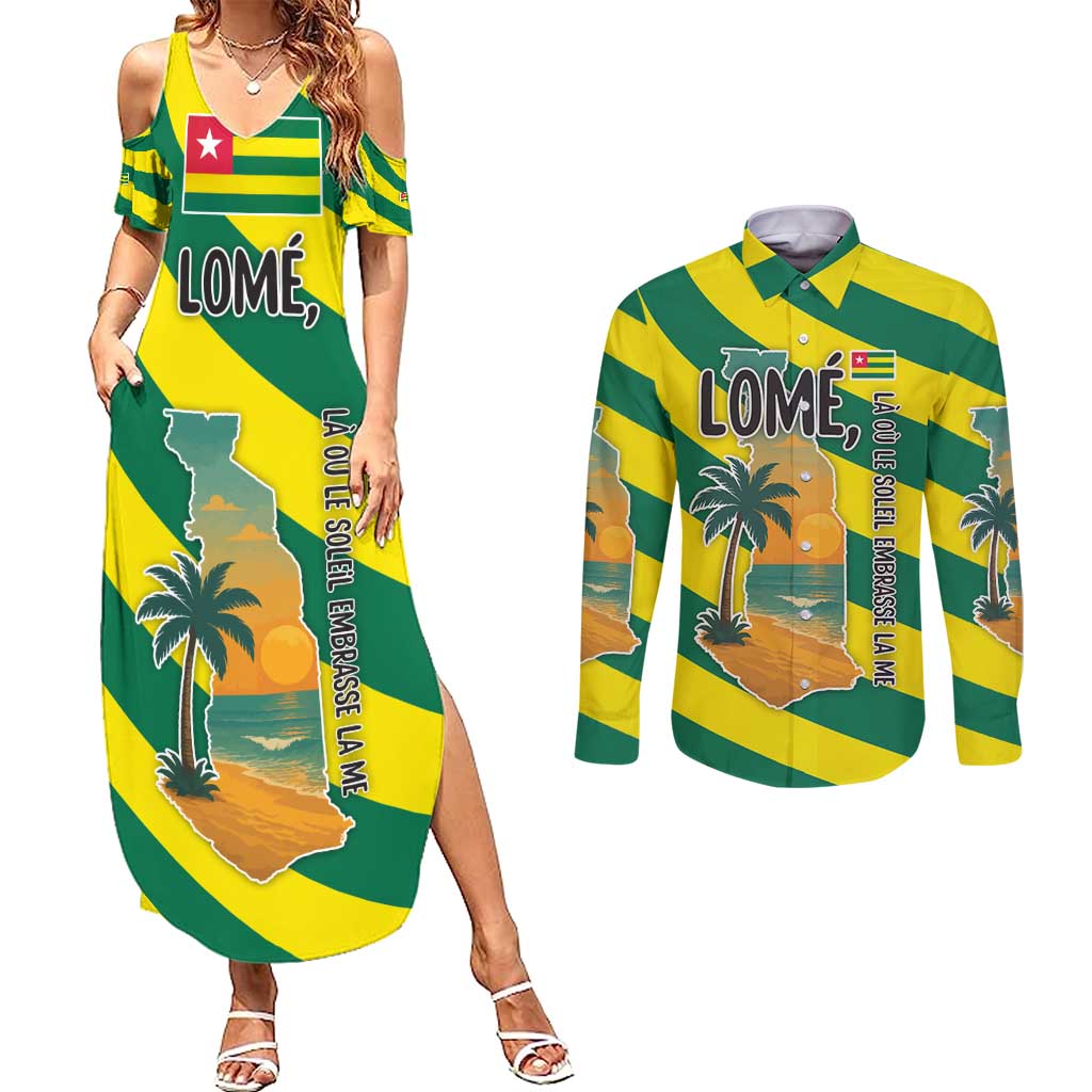 Lome Togo Sunset Couples Matching Summer Maxi Dress and Long Sleeve Button Shirt with Palm Trees and Ocean Embrace Design