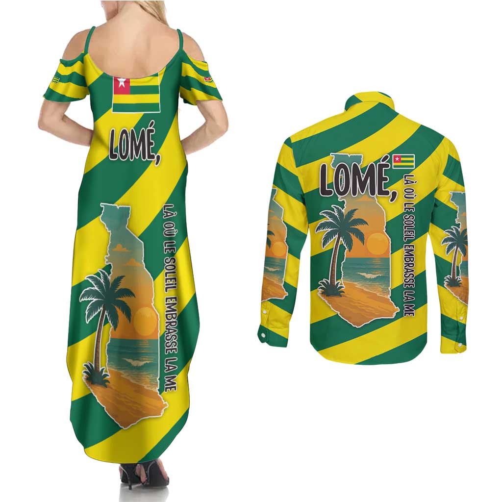 Lome Togo Sunset Couples Matching Summer Maxi Dress and Long Sleeve Button Shirt with Palm Trees and Ocean Embrace Design