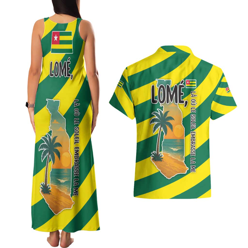 Lome Togo Sunset Couples Matching Tank Maxi Dress and Hawaiian Shirt with Palm Trees and Ocean Embrace Design