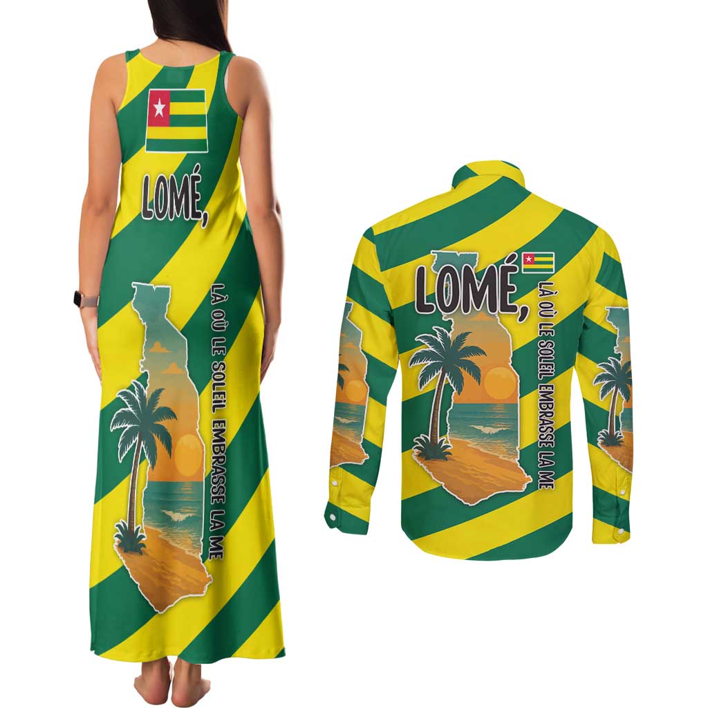 Lome Togo Sunset Couples Matching Tank Maxi Dress and Long Sleeve Button Shirt with Palm Trees and Ocean Embrace Design