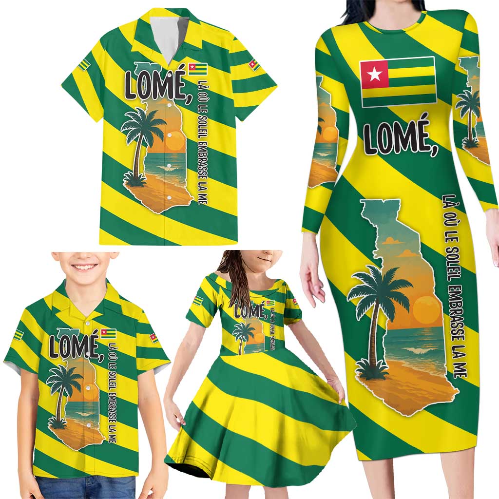 Lome Togo Sunset Family Matching Long Sleeve Bodycon Dress and Hawaiian Shirt with Palm Trees and Ocean Embrace Design