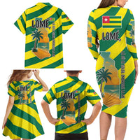 Lome Togo Sunset Family Matching Long Sleeve Bodycon Dress and Hawaiian Shirt with Palm Trees and Ocean Embrace Design