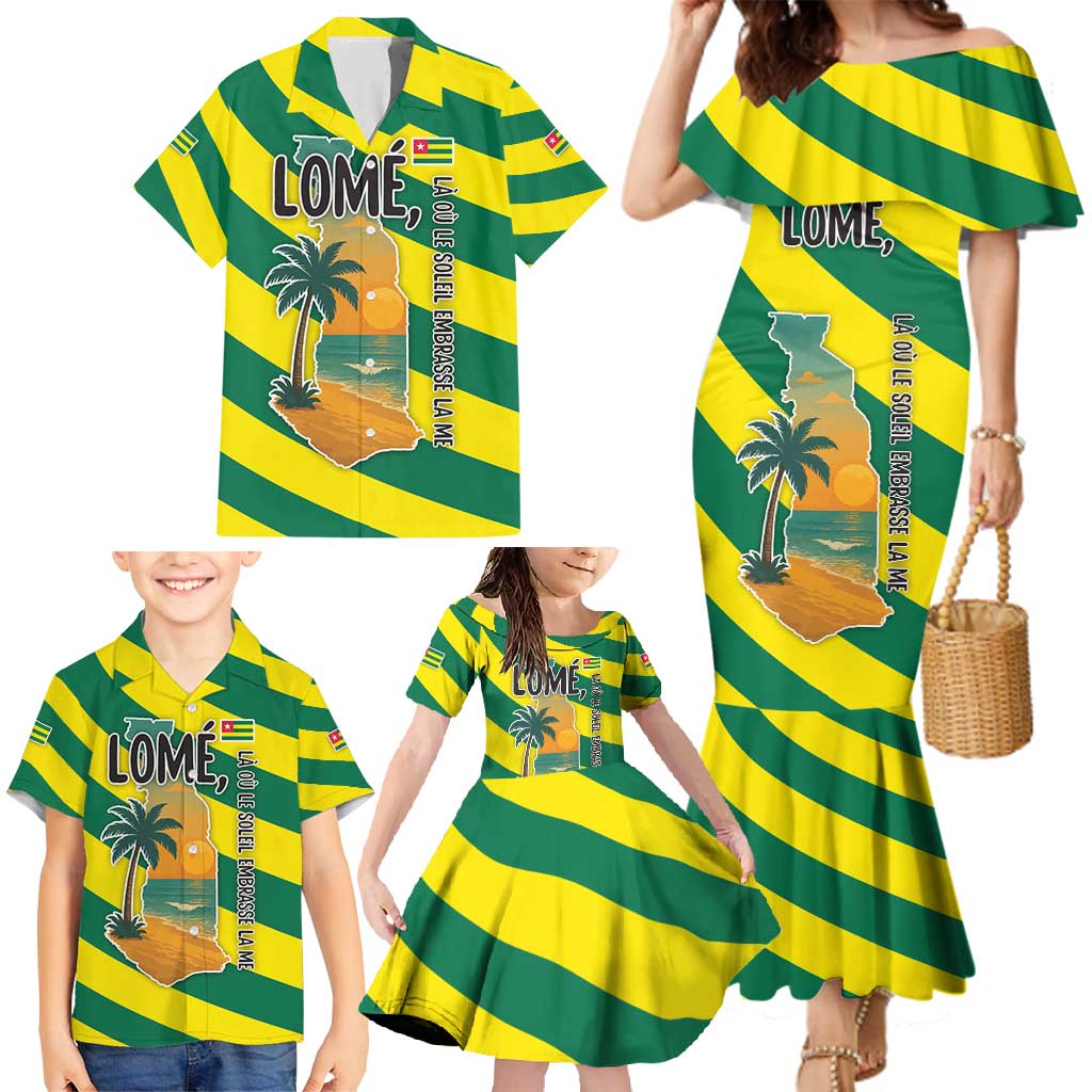 Lome Togo Sunset Family Matching Mermaid Dress and Hawaiian Shirt with Palm Trees and Ocean Embrace Design