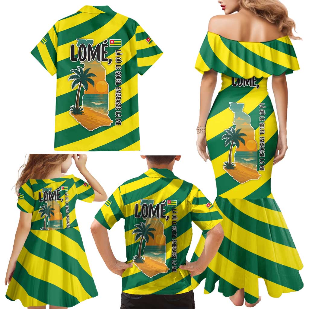 Lome Togo Sunset Family Matching Mermaid Dress and Hawaiian Shirt with Palm Trees and Ocean Embrace Design