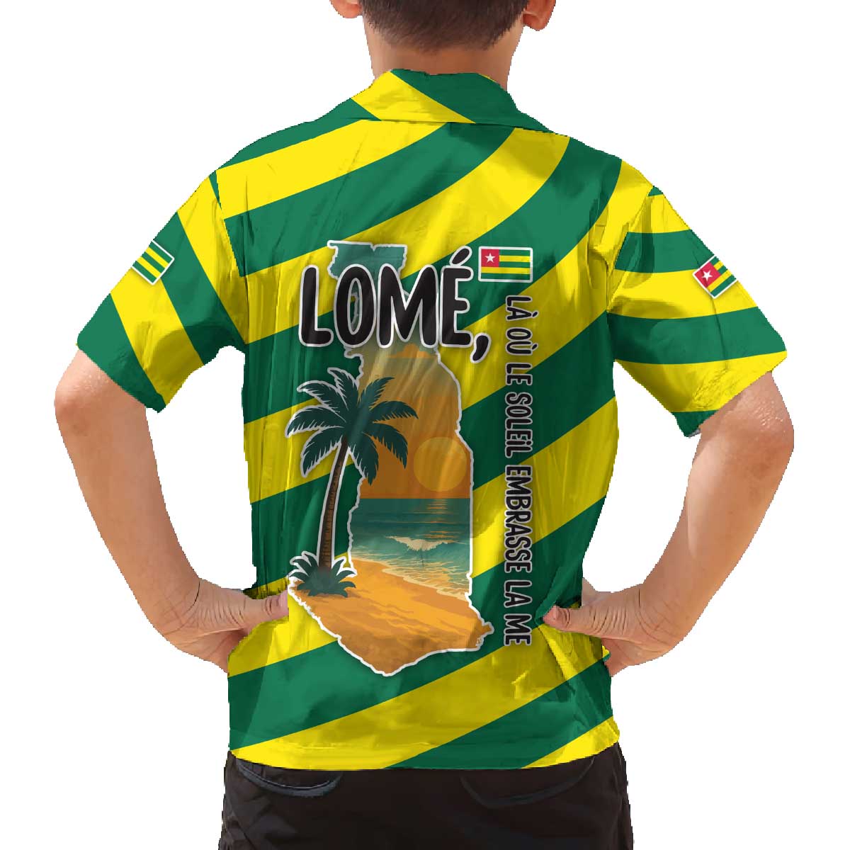 Lome Togo Sunset Family Matching Off The Shoulder Long Sleeve Dress and Hawaiian Shirt with Palm Trees and Ocean Embrace Design
