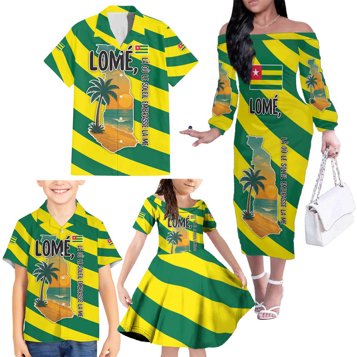 Lome Togo Sunset Family Matching Off The Shoulder Long Sleeve Dress and Hawaiian Shirt with Palm Trees and Ocean Embrace Design
