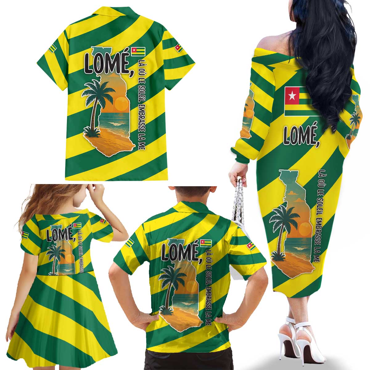 Lome Togo Sunset Family Matching Off The Shoulder Long Sleeve Dress and Hawaiian Shirt with Palm Trees and Ocean Embrace Design