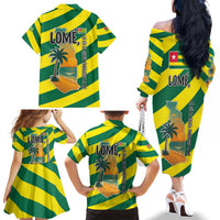 Lome Togo Sunset Family Matching Off The Shoulder Long Sleeve Dress and Hawaiian Shirt with Palm Trees and Ocean Embrace Design