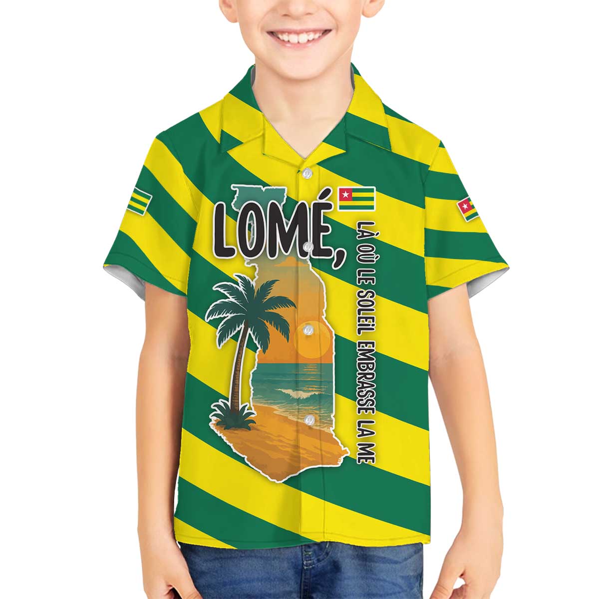 Lome Togo Sunset Family Matching Off The Shoulder Long Sleeve Dress and Hawaiian Shirt with Palm Trees and Ocean Embrace Design