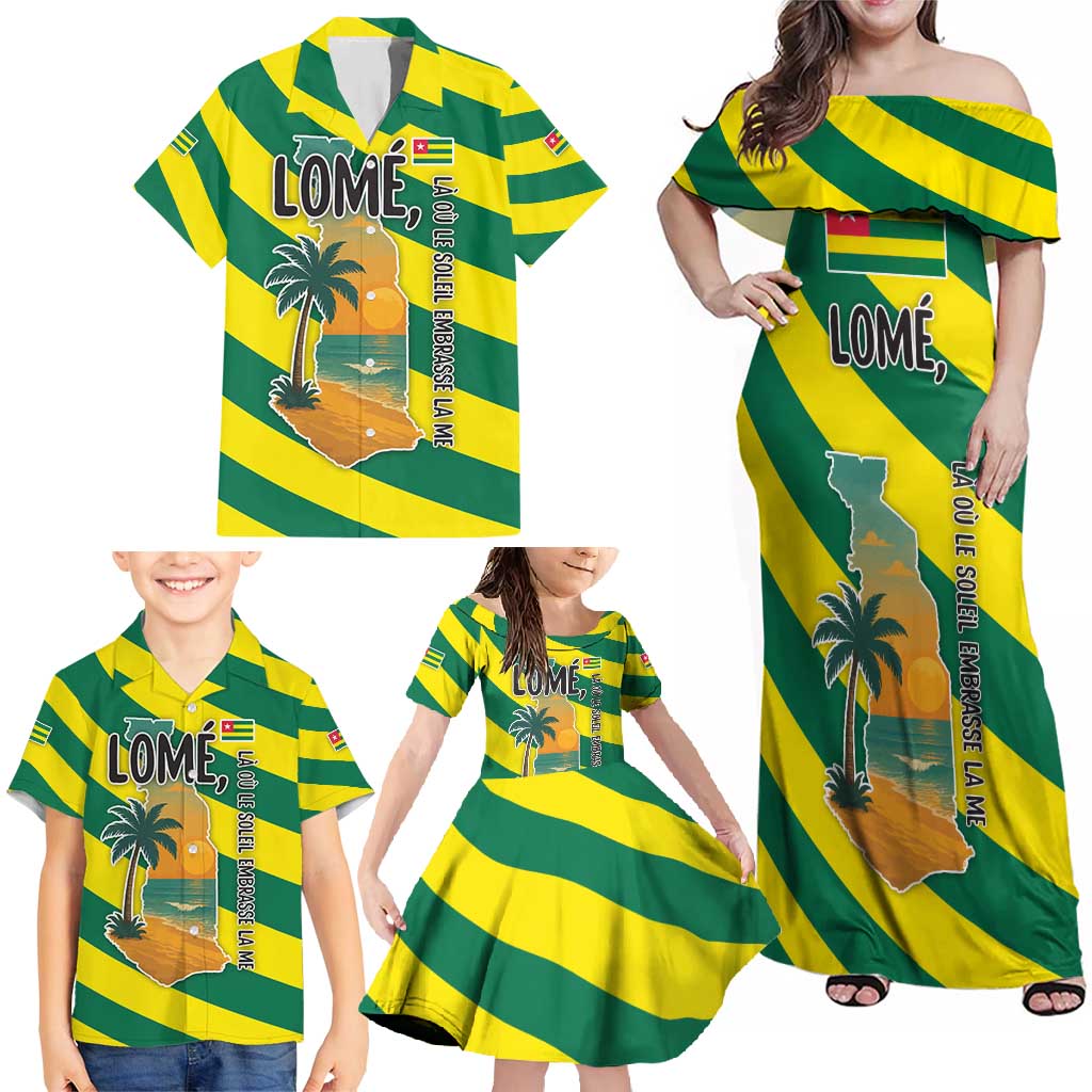 Lome Togo Sunset Family Matching Off Shoulder Maxi Dress and Hawaiian Shirt with Palm Trees and Ocean Embrace Design
