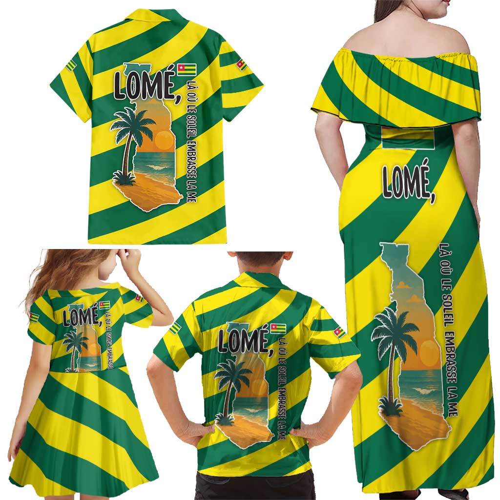 Lome Togo Sunset Family Matching Off Shoulder Maxi Dress and Hawaiian Shirt with Palm Trees and Ocean Embrace Design