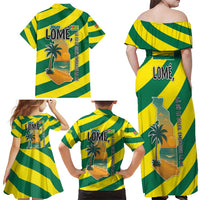 Lome Togo Sunset Family Matching Off Shoulder Maxi Dress and Hawaiian Shirt with Palm Trees and Ocean Embrace Design