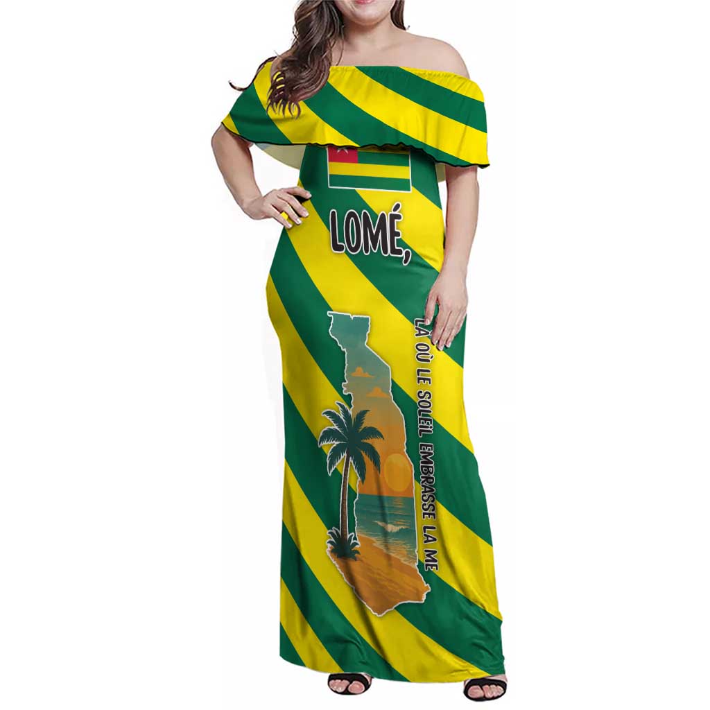 Lome Togo Sunset Family Matching Off Shoulder Maxi Dress and Hawaiian Shirt with Palm Trees and Ocean Embrace Design