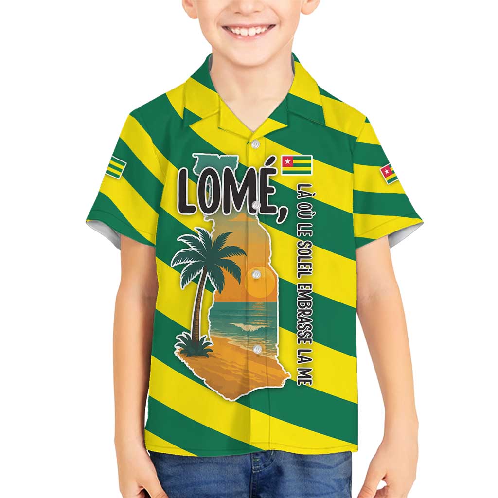 Lome Togo Sunset Family Matching Off Shoulder Maxi Dress and Hawaiian Shirt with Palm Trees and Ocean Embrace Design