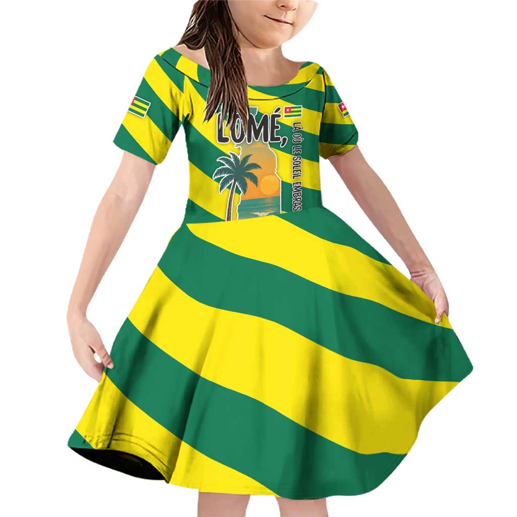 Lome Togo Sunset Family Matching Off Shoulder Short Dress and Hawaiian Shirt with Palm Trees and Ocean Embrace Design