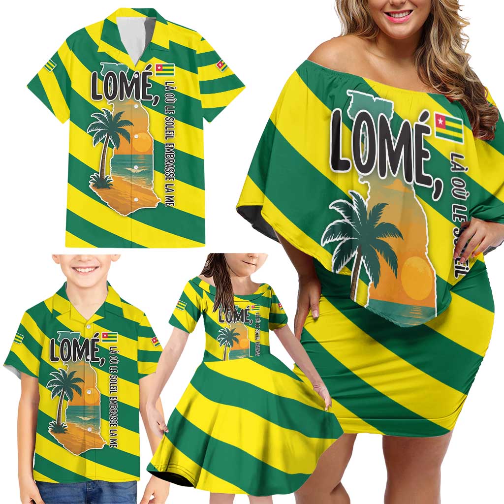 Lome Togo Sunset Family Matching Off Shoulder Short Dress and Hawaiian Shirt with Palm Trees and Ocean Embrace Design