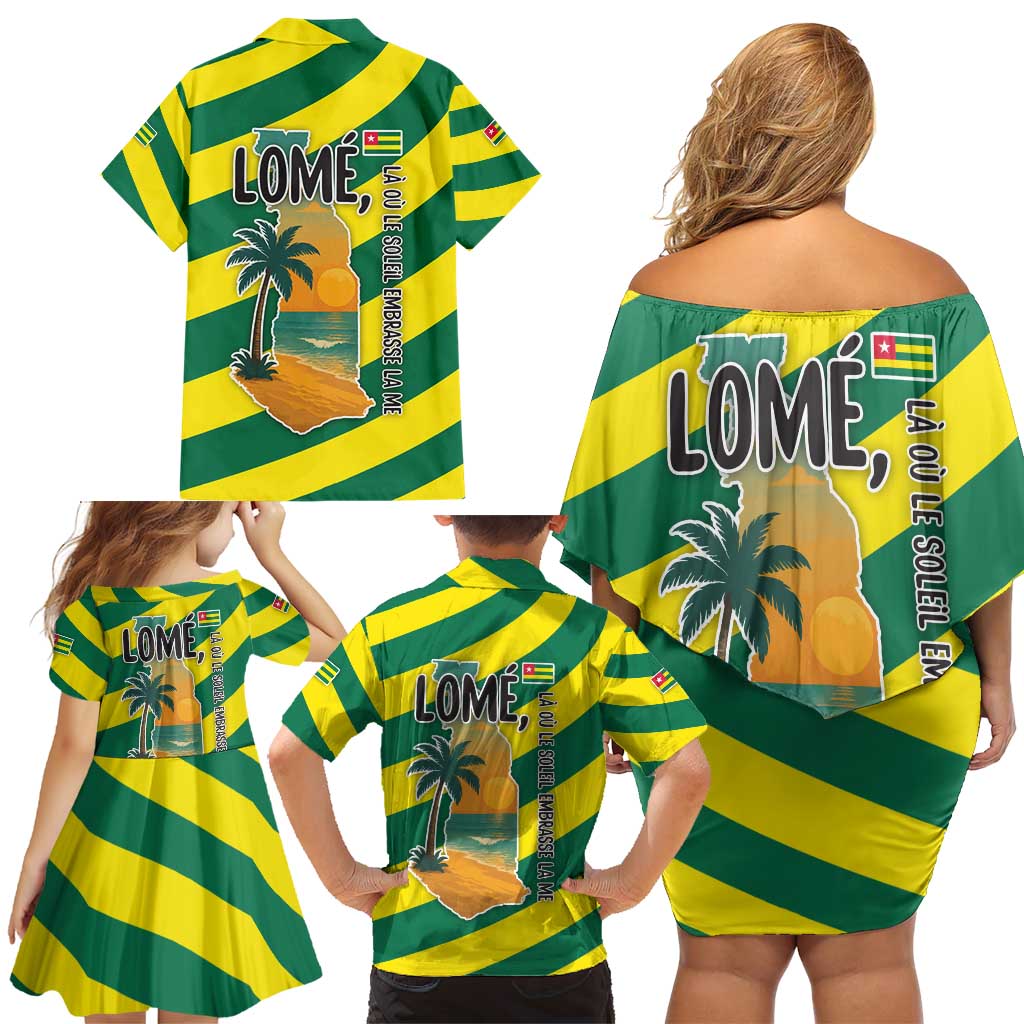 Lome Togo Sunset Family Matching Off Shoulder Short Dress and Hawaiian Shirt with Palm Trees and Ocean Embrace Design