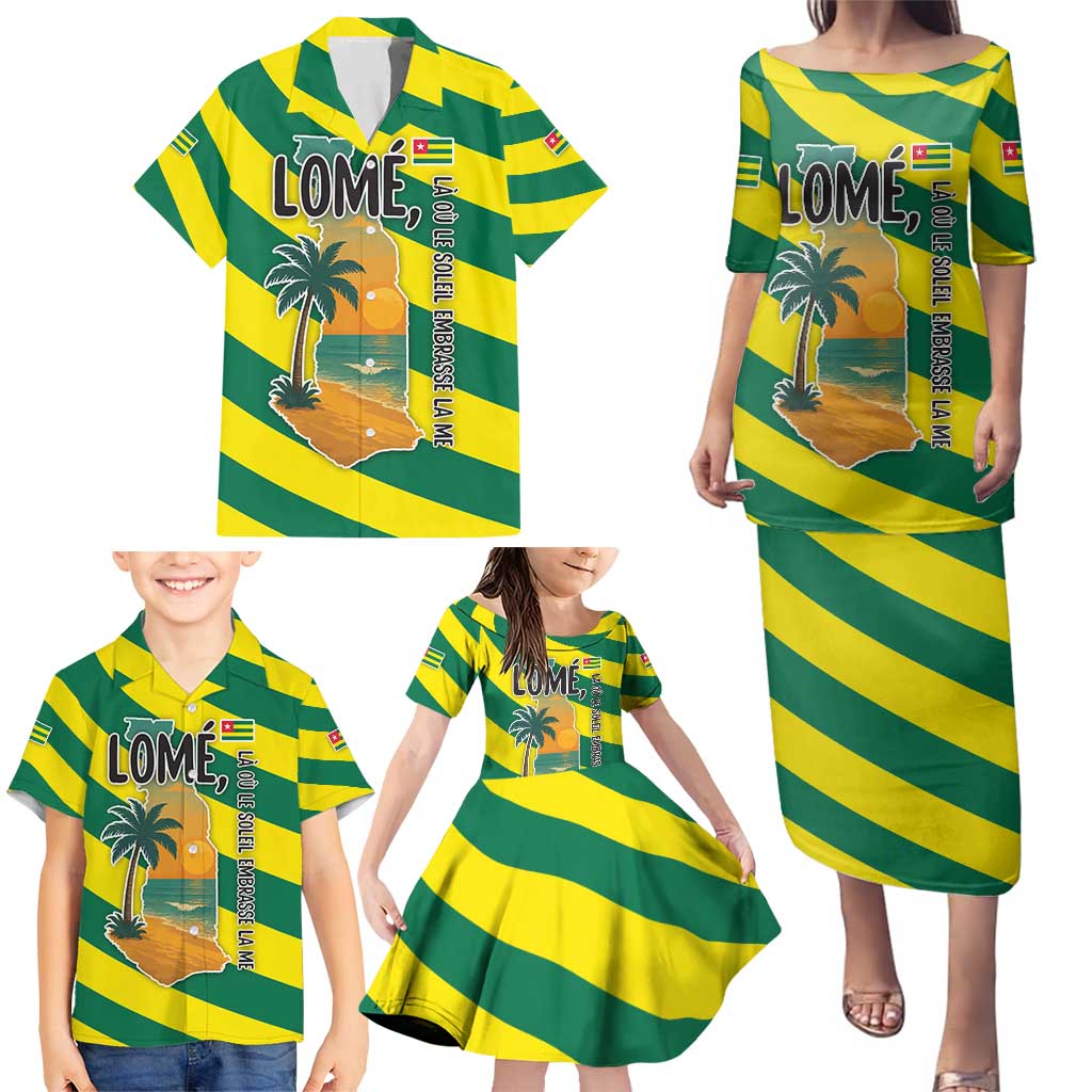Lome Togo Sunset Family Matching Puletasi and Hawaiian Shirt with Palm Trees and Ocean Embrace Design